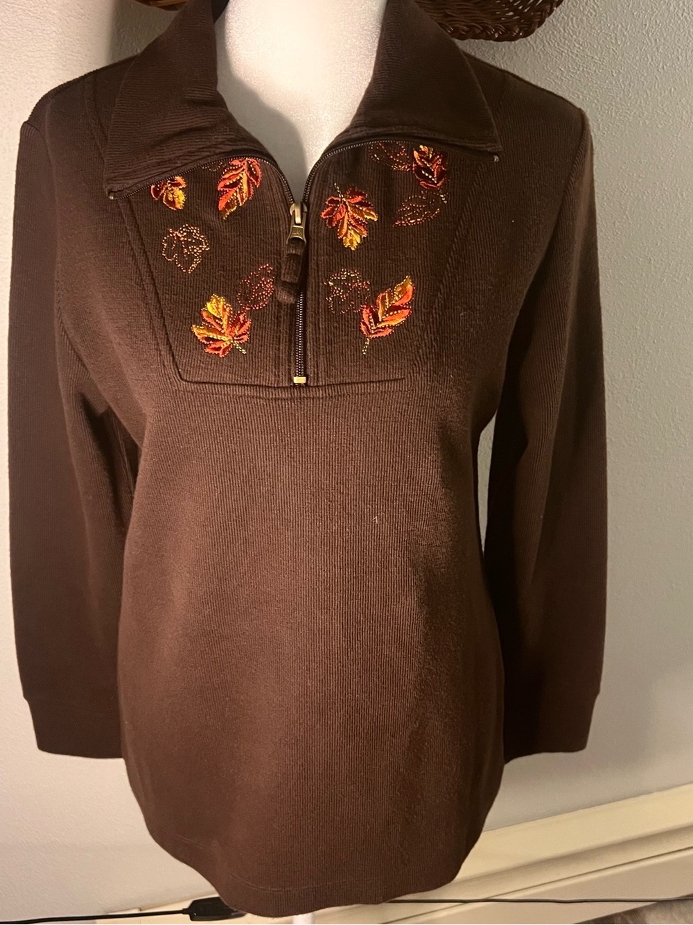 Studio Works Embroidered Fall Leaves Quarter Zip Sweater Brown Grandmacore S